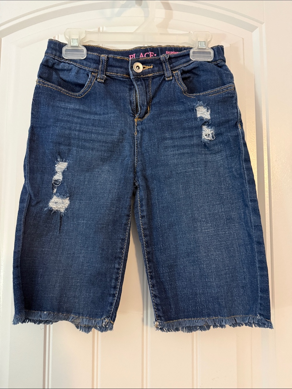 Gently worn Dark Blue Distressed Denim Bermuda Shorts